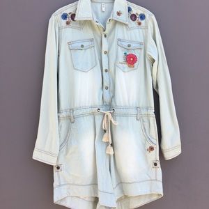 Denim Romper with Embroidery Detail
